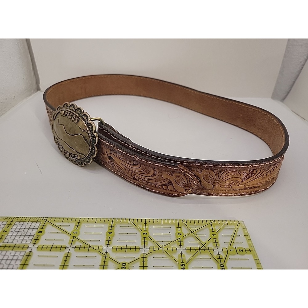 Tony Lama Western Leather Belt Pecos Wilderness Buckle USA Tooled 34 REX - Picture 2 of 7